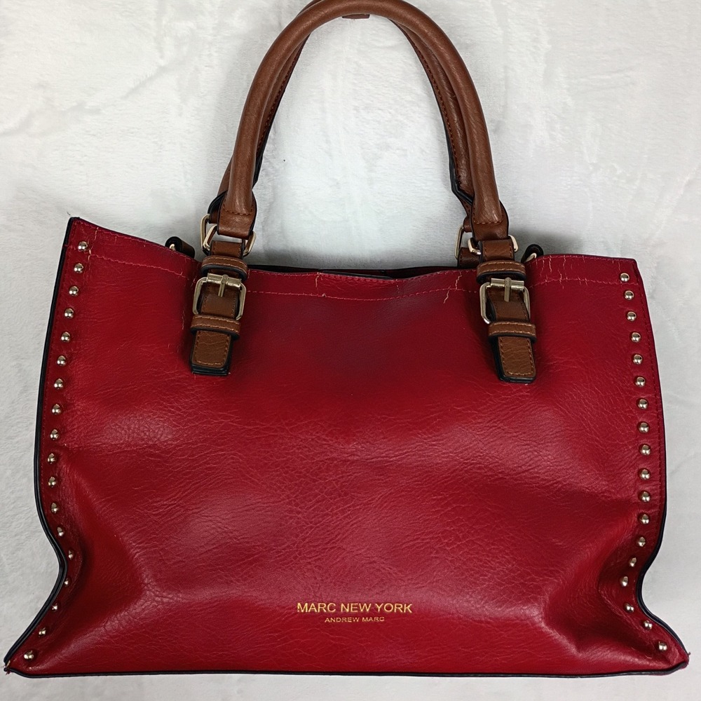 Marc New York Andrew Marc Red Studded Tote Bag Brown Handles Faux Leather